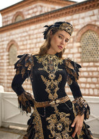 Long Sleeve Embroidered Beaded Black Velvet Mermaid Gown With Skirt
