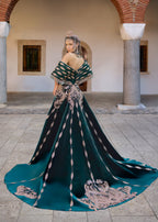 Luxury emerald green henna dress with a detachable overskirt, ornate Turkish-inspired embroidery, and heavily embellished couture detailing.