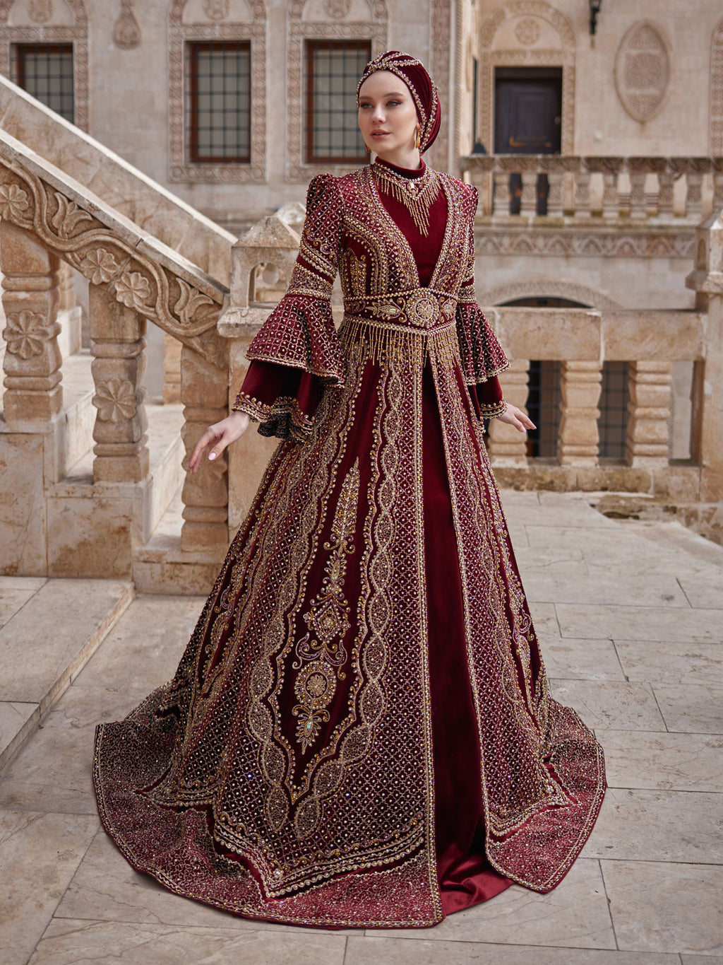 turkish long sleeve dresses Burgundy Long Turkish Henna Party Dress 44