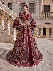 Nice Red High Neck Long Sleeve Velvet Long Ottoman Henna Evening Kaftan Gown