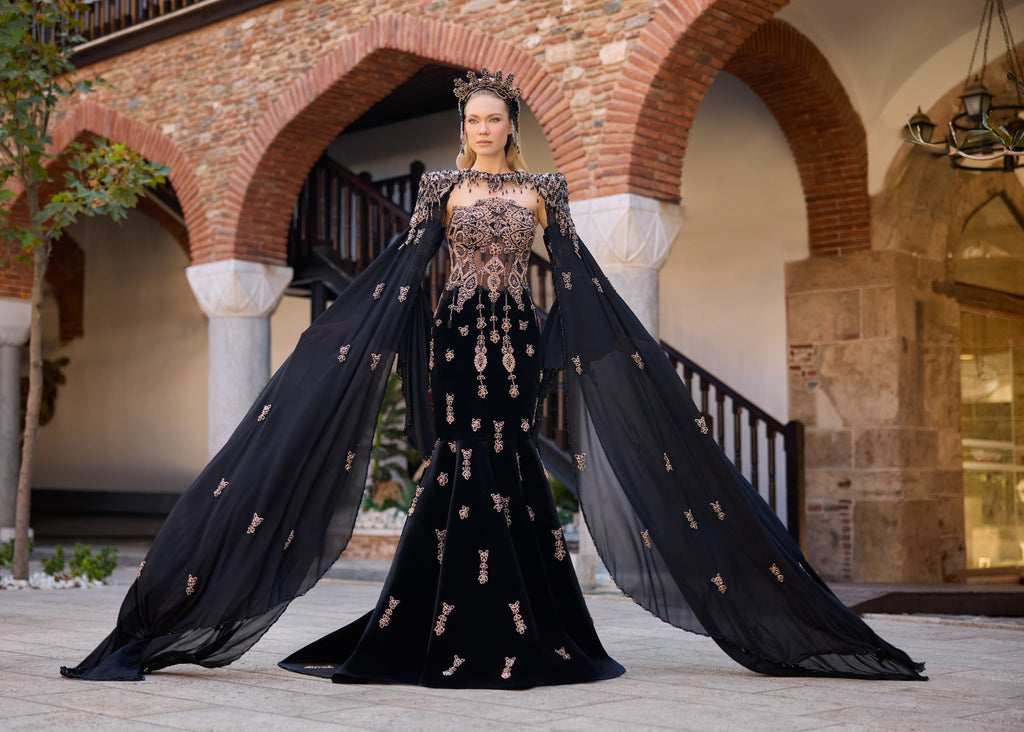 Luxury Turkish henna dress crafted from soft velvet with intricate hand-sewn bead embroidery and elegant cape sleeves.