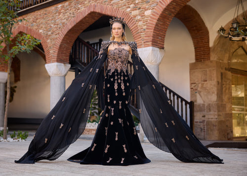 Luxury Turkish henna dress crafted from soft velvet with intricate hand-sewn bead embroidery and elegant cape sleeves.