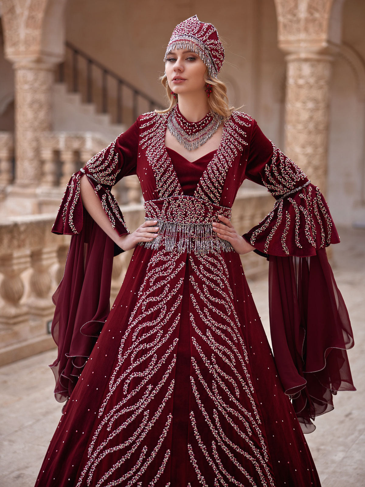 buy Minimalist Elegant Maroon Long Sleeve Beaded Sweetheart Henna Party Gown mother of the groom wedding party gowns online shopping