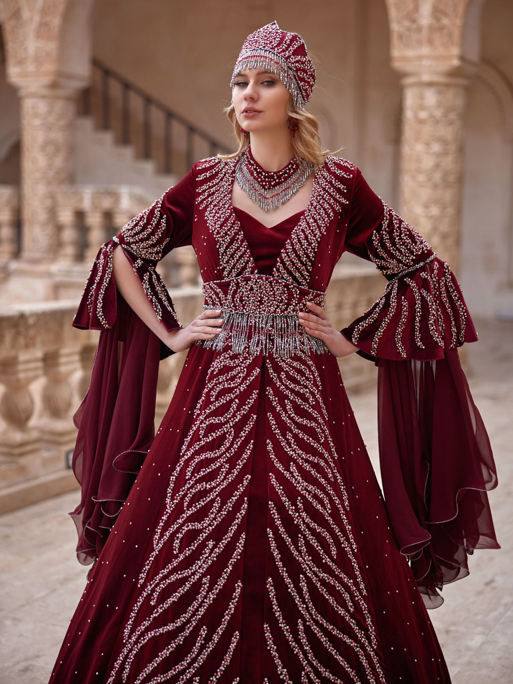 buy Minimalist Elegant Maroon Long Sleeve Beaded Sweetheart Henna Party Gown mother of the groom wedding party gowns online shopping
