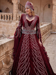 Elegant Chic Maroon Velvet Long Floral Beaded Henna Night Kaftan Gown
