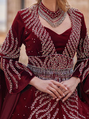 Elegant Chic Maroon Velvet Long Floral Beaded Henna Night Kaftan Gown
