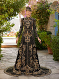 Full-length front view of the modest heavy gold embroidered black velvet hijab henna dress with crown by Sultan Dress.