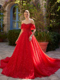 Front view of the glowing off-the-shoulder red sequin A-line ball gown dress with draped bodice by Sultan Dress.