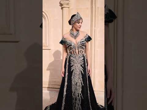 Stylish Emerald Green Off Shoulder Mermaid Gold Beaded Front Slit Henna Dress