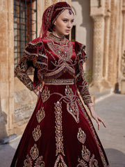 Red Gold Heavy Embroidered Fancy Long Embellished Sleeves A line Muslim Kaftan Gown