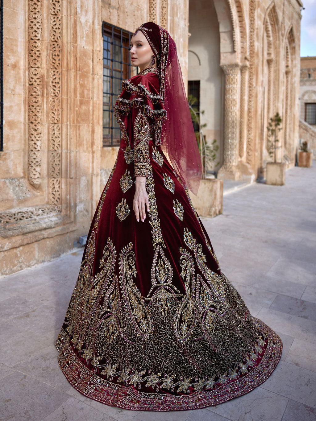 Red Gold Heavy Embroidered Fancy Long Embellished Sleeves A line Musli –  Sultan Dress