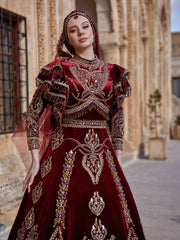 Red Gold Heavy Embroidered Fancy Long Embellished Sleeves A line Muslim Kaftan Gown