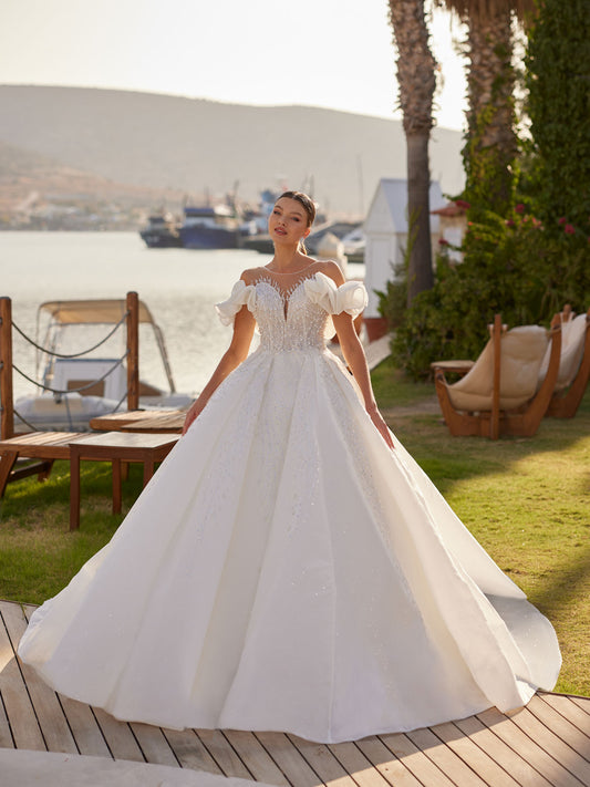 buy Dream Ruffle Sleeve Chiffon Sequins A Line Royal Wedding Dress online bridal store