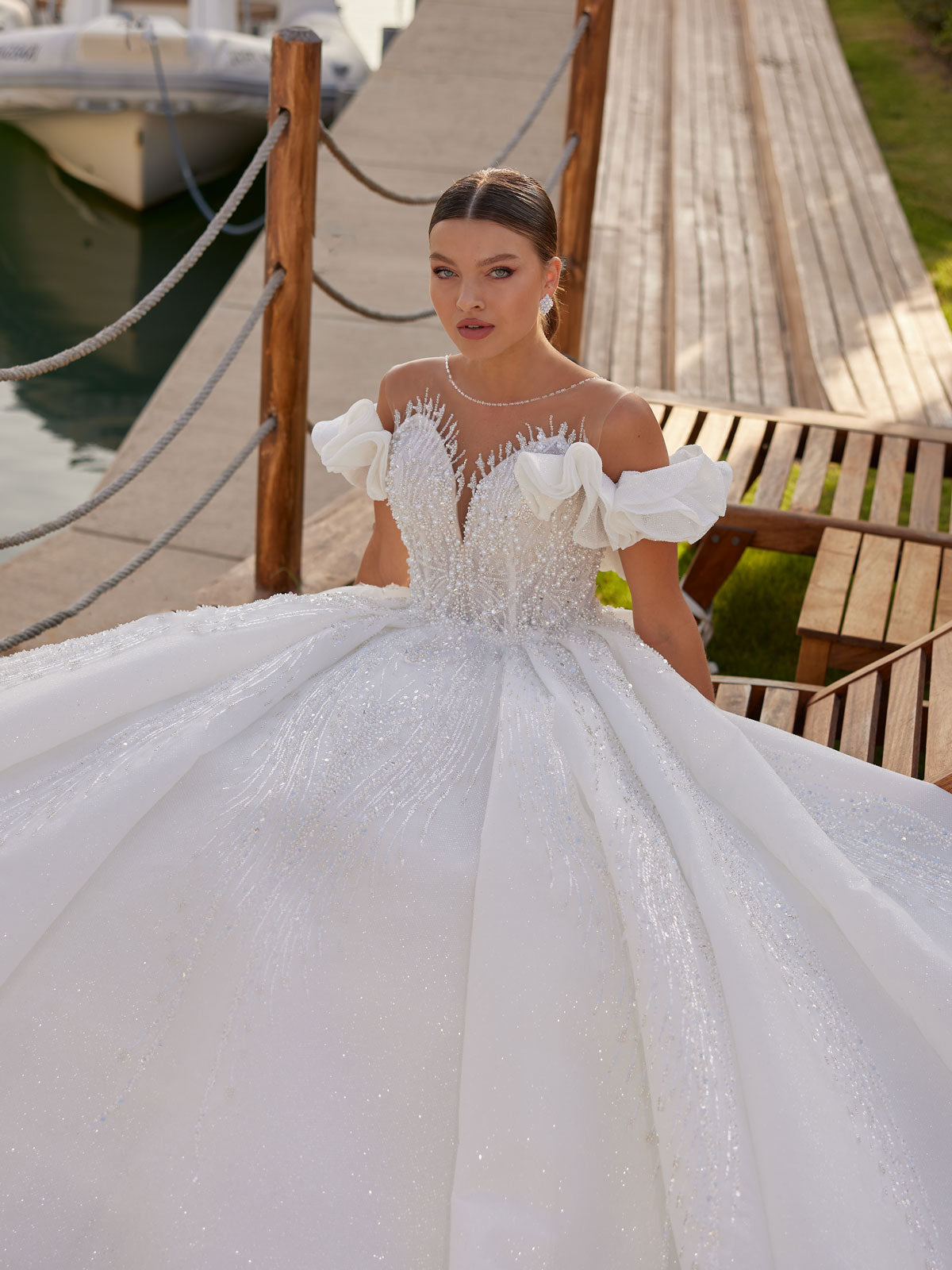 dark green dress for wedding Charming Floor Length Crew Long Sleeves A-Line Satin Wedding Dress wit –  misshow.com main image 1