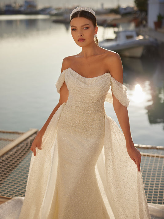 buy Modern Elegant Fitted Cowl Neckline Off Shoulder Mermaid Bridal Dress