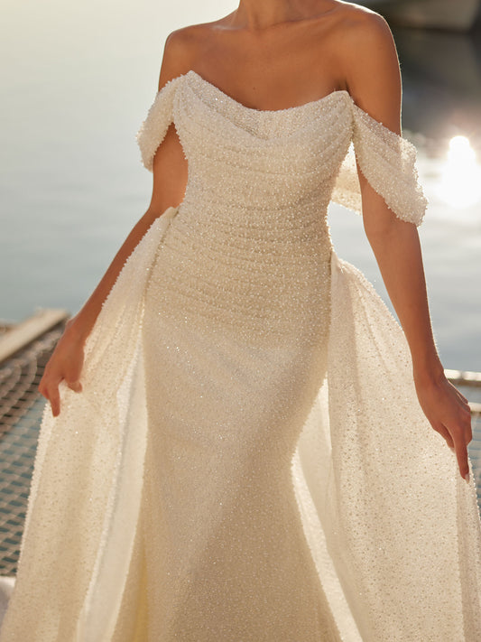buy Simple But Elegant Cowl Neckline Pearls Detachable Skirt Wedding Dress