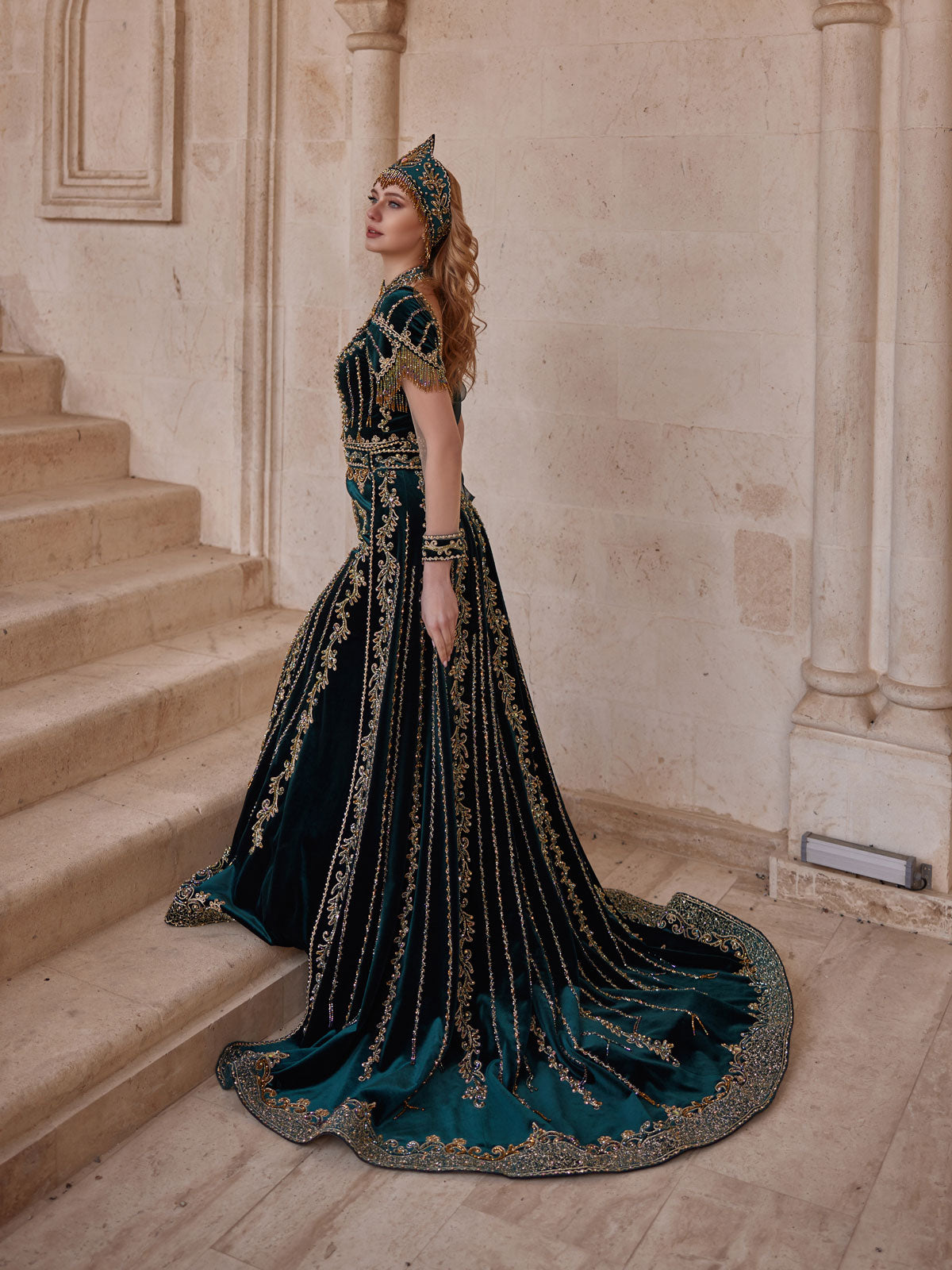 buy elegant Sophisticated Green Fitted Mermaid Gold Embellished Chapel Train Kaftan Dress plus sizes online dress boutiques