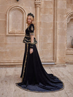 Bala Hatun Black Velvet Illusion Sleeve Front Slit Ruffle Sweetheart Mermaid Dress
