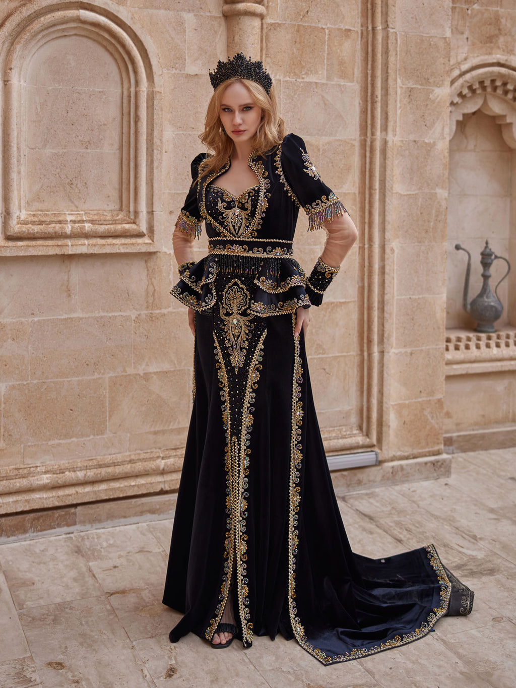 buy Bala Hatun Black Velvet Illusion Sleeve Front Slit Ruffle Sweetheart Mermaid Dress online store