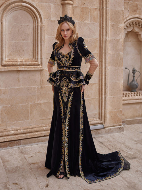 buy Bala Hatun Black Velvet Illusion Sleeve Front Slit Ruffle Sweetheart Mermaid Dress online store