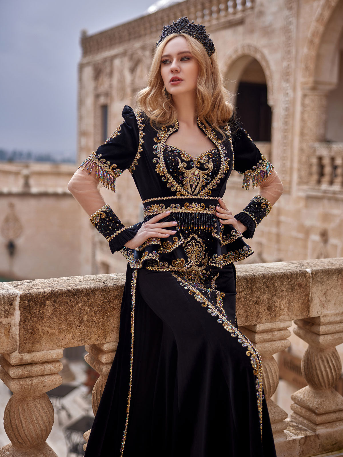 buy elegant Black Velvet Stylish Hatun Front Slit Mermaid Henna Night Dress kaftans online shops