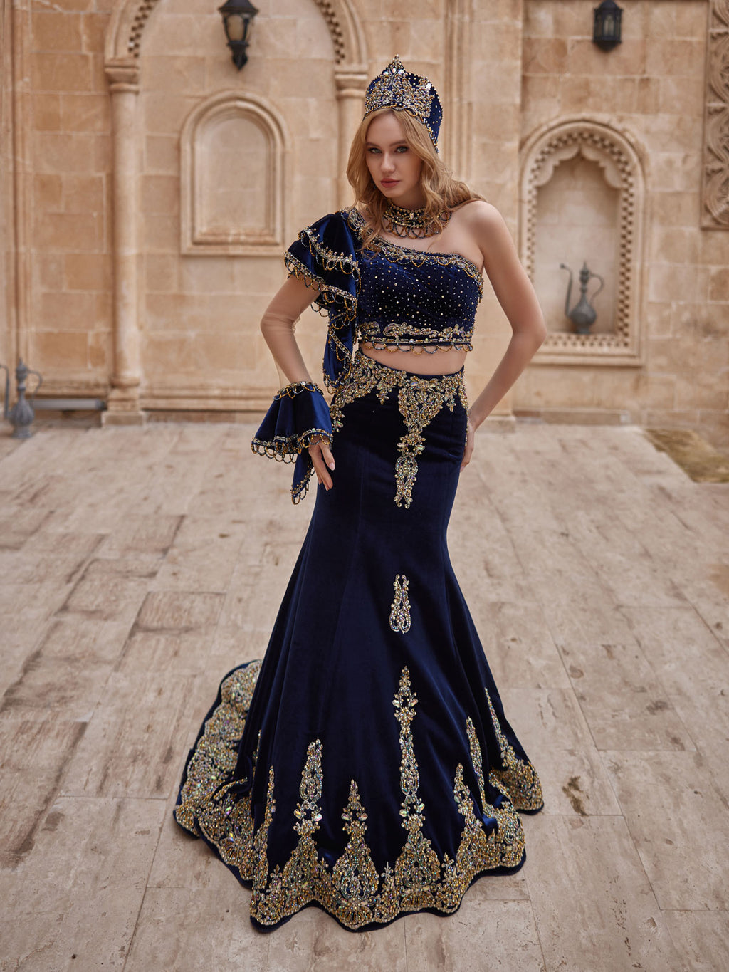 Royal Blue One Shoulder Two Piece Velvet CocKtail Party Mermaid Dress   Sultan Dress