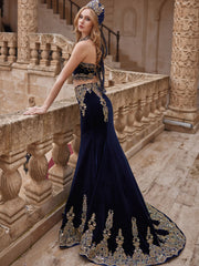 buy cheap Dark Blue Two Piece Stylish Mermaid One Shoulder Coctail Special Occassions Party Dress online prom dresses boutique shop
