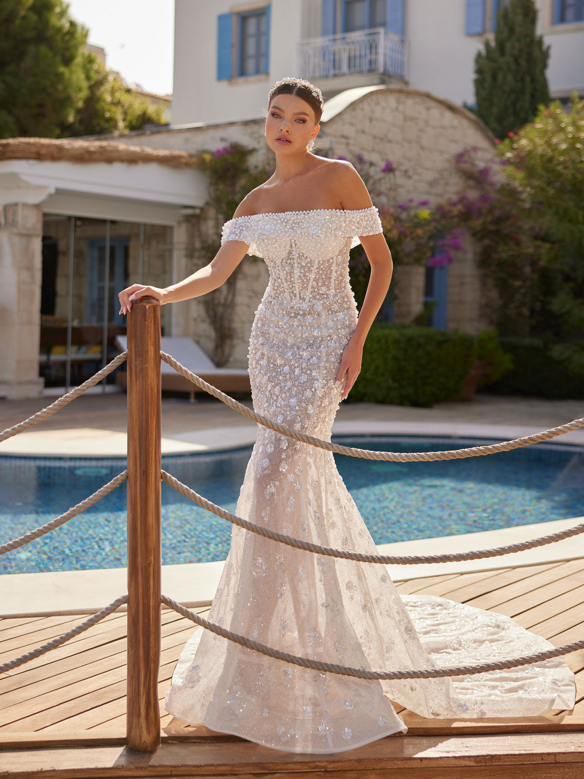 chinese dress ladies Elegant Off The Shoulder Pearl Corset Detachable Train Trumpet Wedding Dress 40