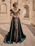 buy Stylish Emerald Green Off Shoulder Mermaid Gold Beaded Front Slit Henna Dress online boutiques