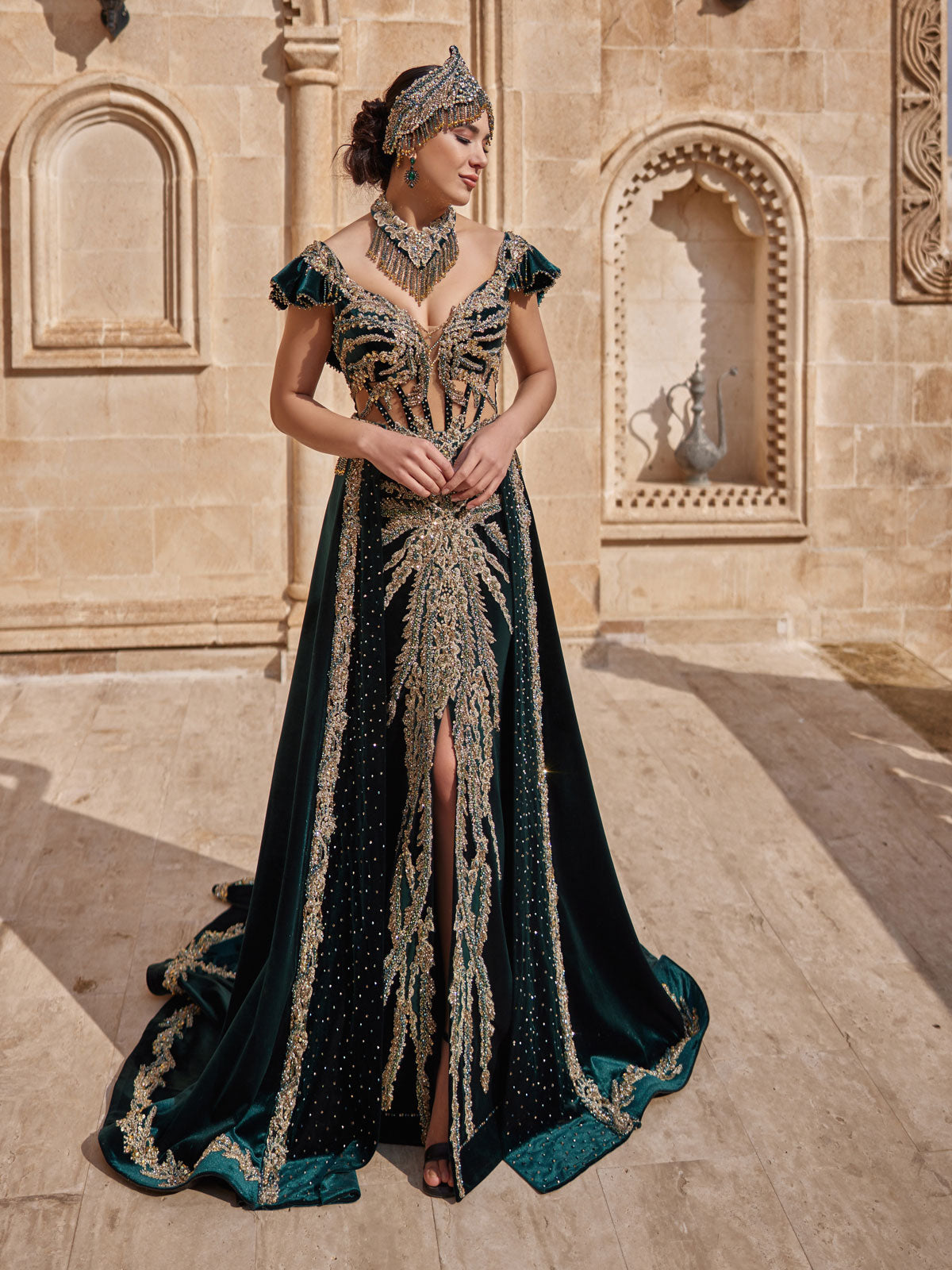 buy Stylish Emerald Green Off Shoulder Mermaid Gold Beaded Front Slit Henna Dress online boutiques