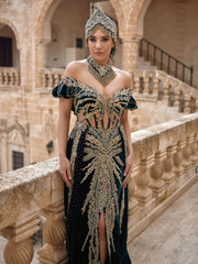 buy Stylish Velvet Off Shoulder Mermaid Henna Turkish Caftan With Crown And Necklace online shops