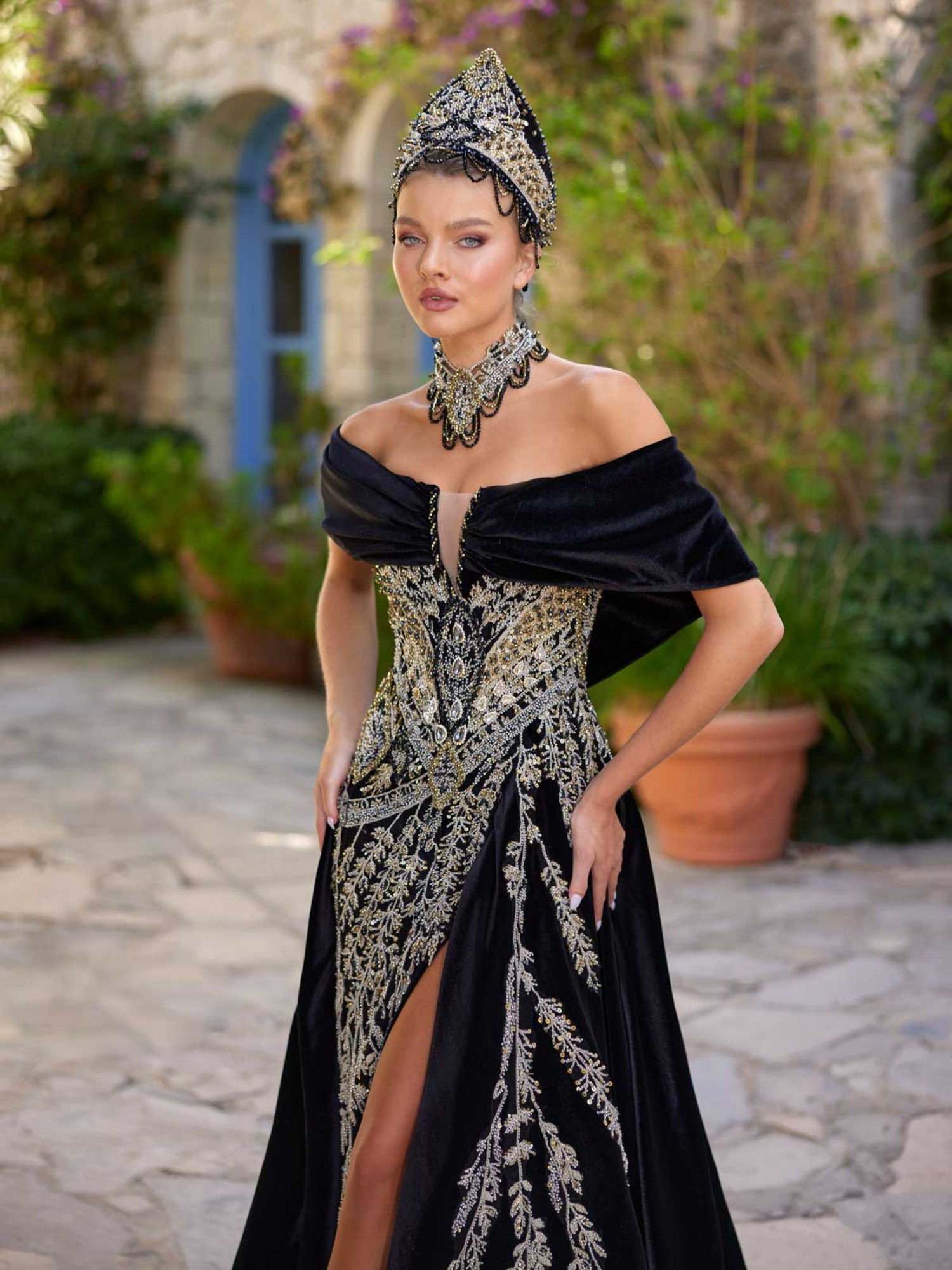 Portrait Neck Elegant Black Front Slit Henna Party Wedding Gown 36