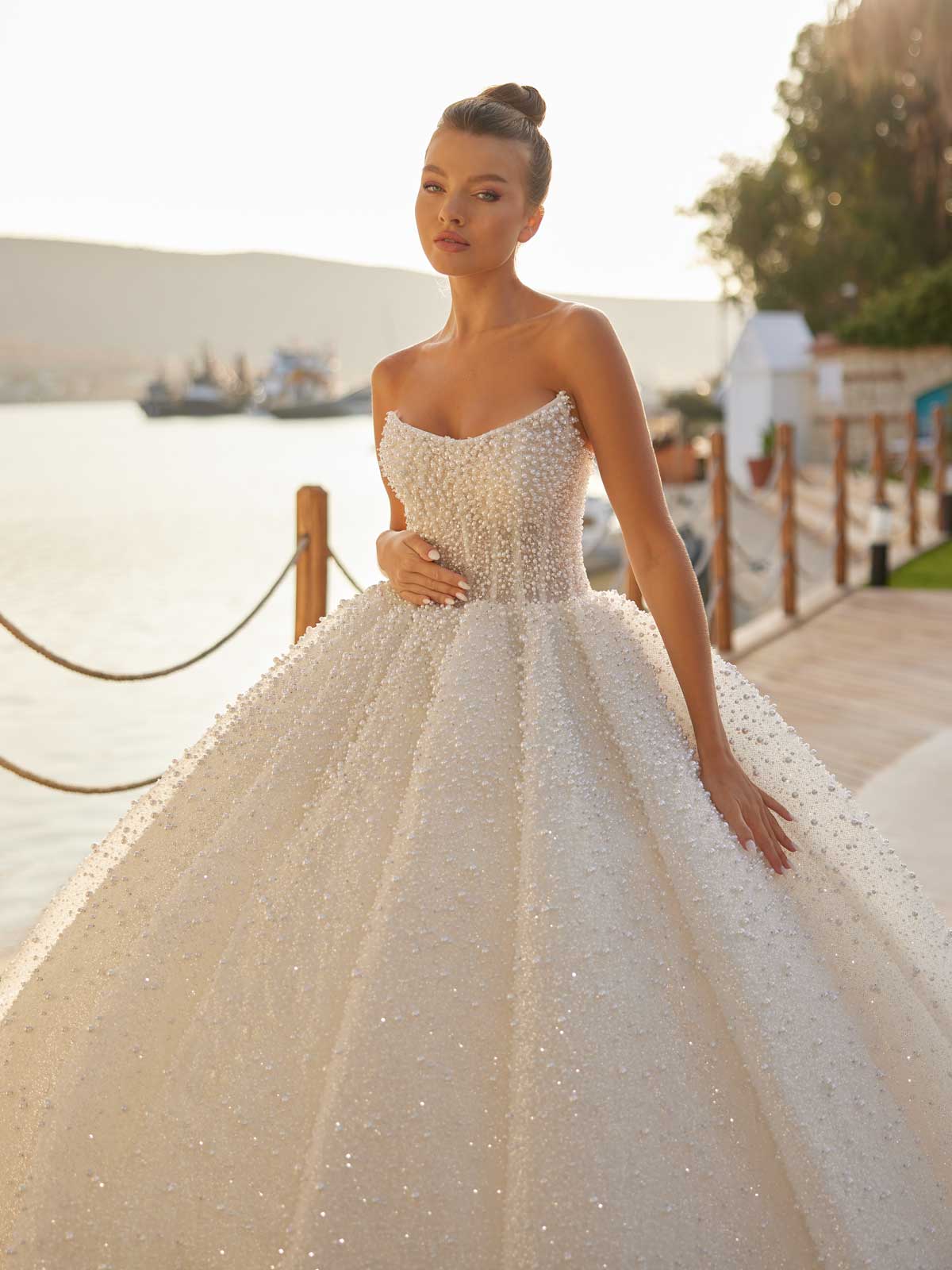 Elegant A Line Strapless Satin Slit Wedding Dresses with Pearls