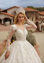 Front view of the 3D floral embellished plunge corset ball gown wedding dress with puff long sleeves by Sultan Dress.
