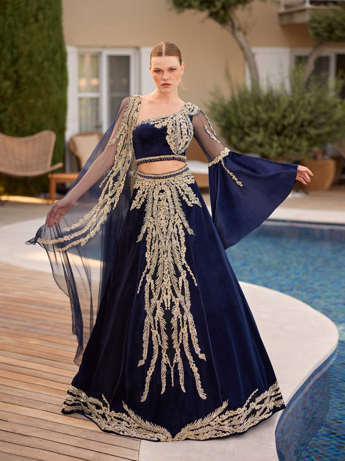 buy cheap Navy Blue Asymmetrical Caftan Gown 