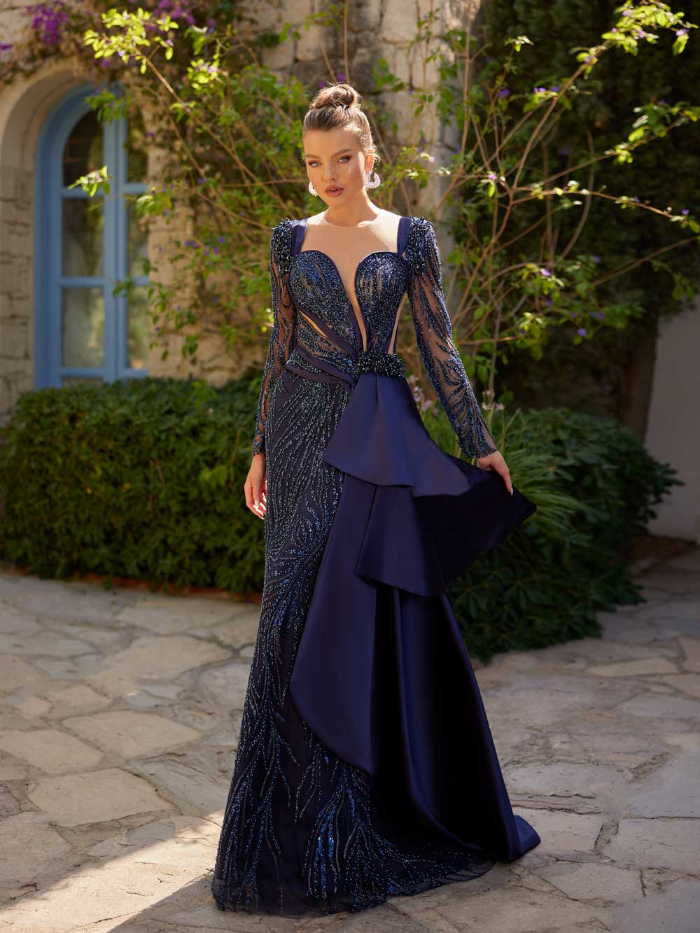 buy stunning Navy Blue Fully Sequinned Asymmetrical Long Designer Formal Party Wear Dress online formal gowns websites