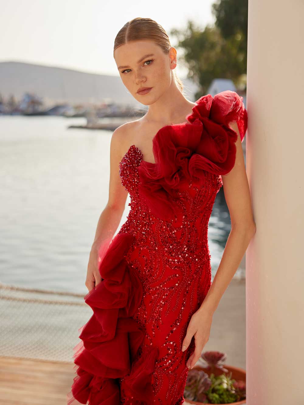 buy Spanish Flamenco Long Open Slit Corset Dress With One Shoulder Off online prom gowns boutique