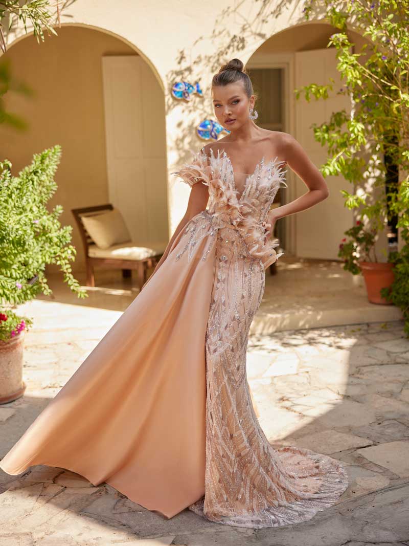 buy Long Removable Tail Blush Pink Sequin Party Dress With Feather Embellishments online formal dresses store