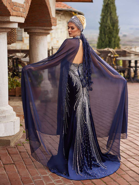 buy Dark Blue Beaded Embellished With Pearls Long Fitted Cape Formal Evening Party Dress for muslim women online wedding store