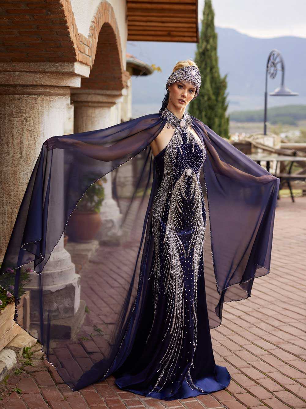 Beaded Pearl Embellished Long Fitted Cape Formal Mother of The bride Evening Dress online evening dress shopping  