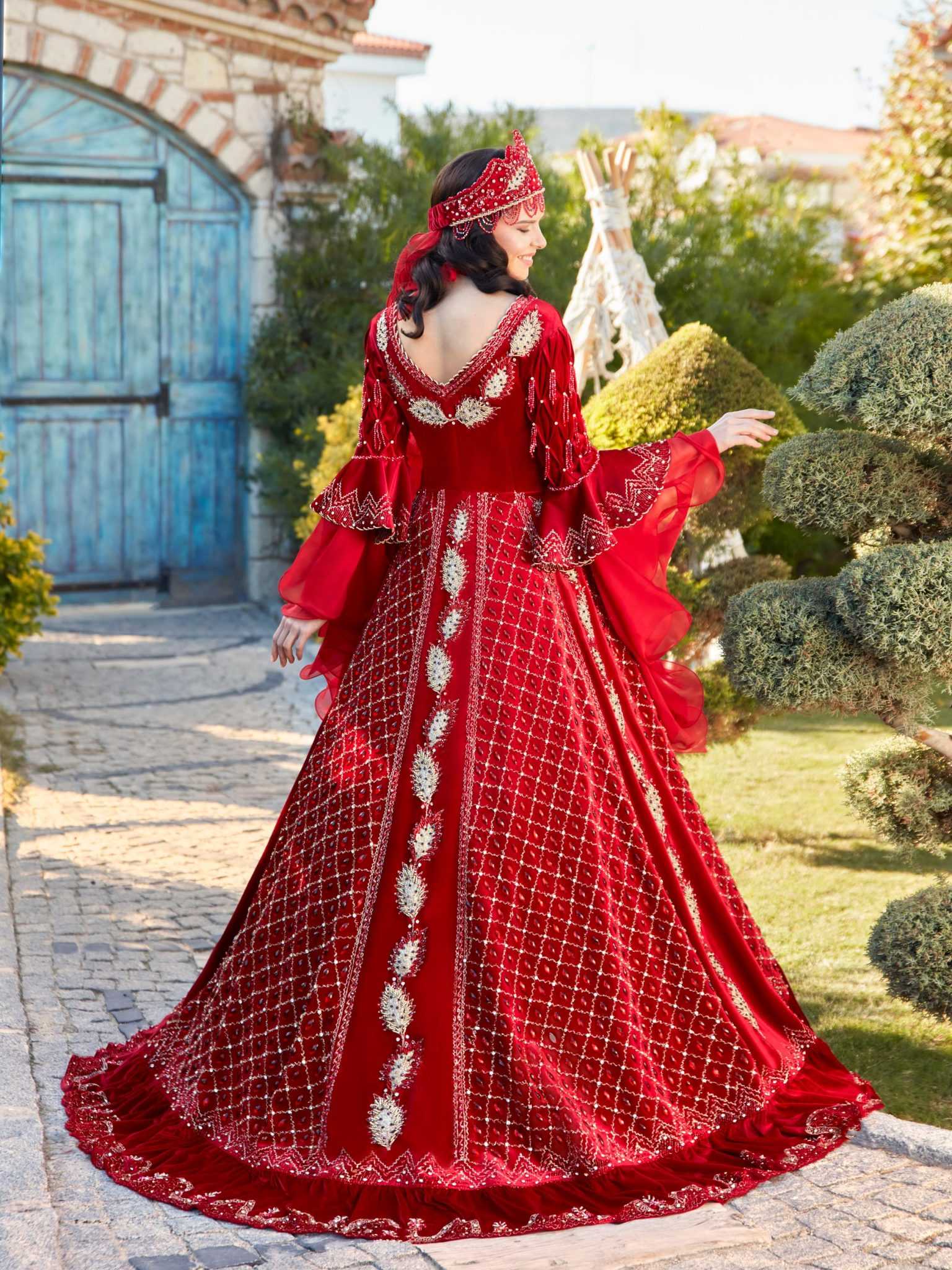 buy Red Crystal Embellished Long Sleeve Velvet Wedding Gown online wedding party henna dresses store