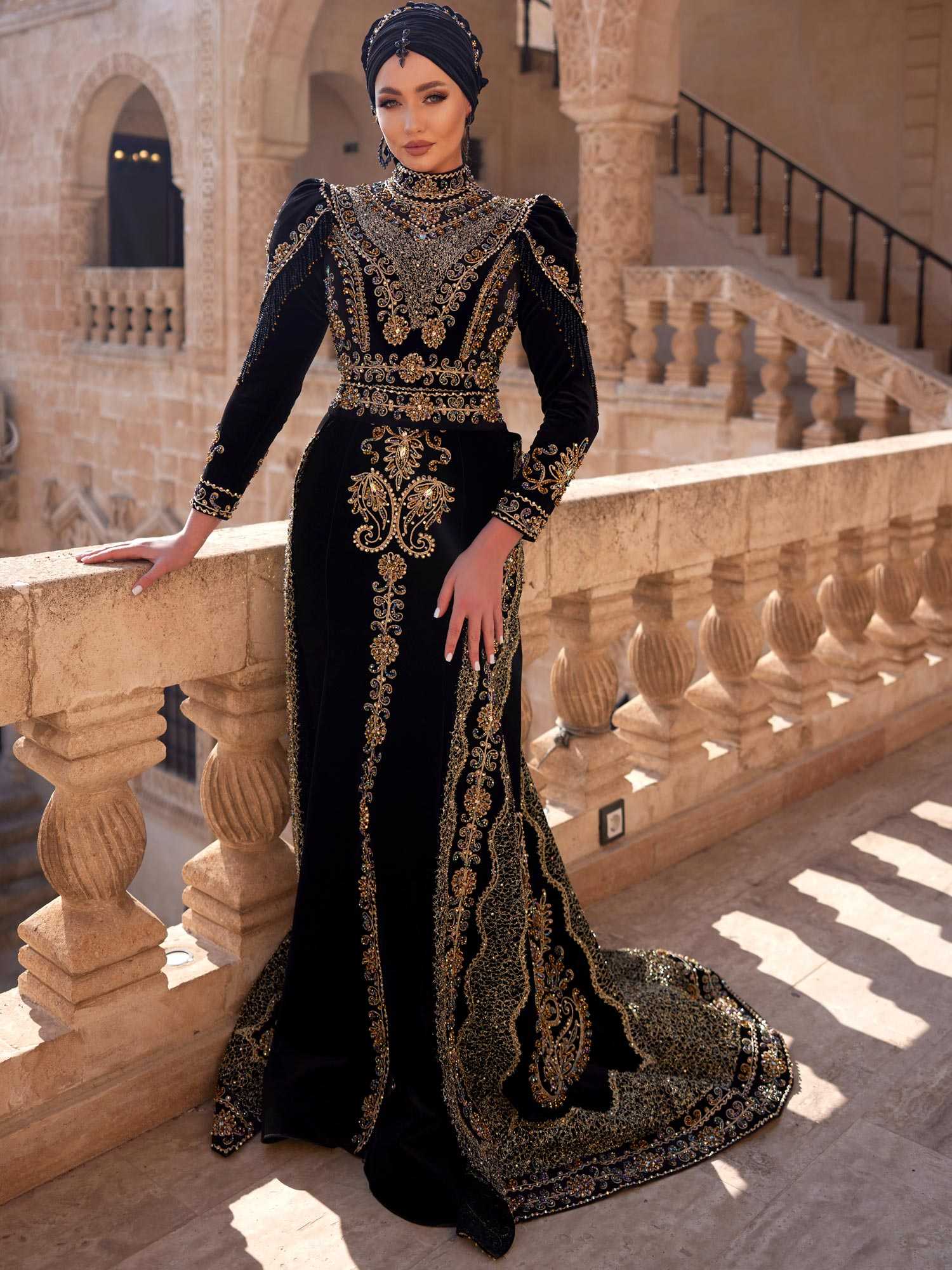 buy Black Color Fancy Sequin Work Long Tail Islamic Muslim palestinian arabic dubai Mermaid Style Wedding Party Formal Dress for womens online niltesettür (5)