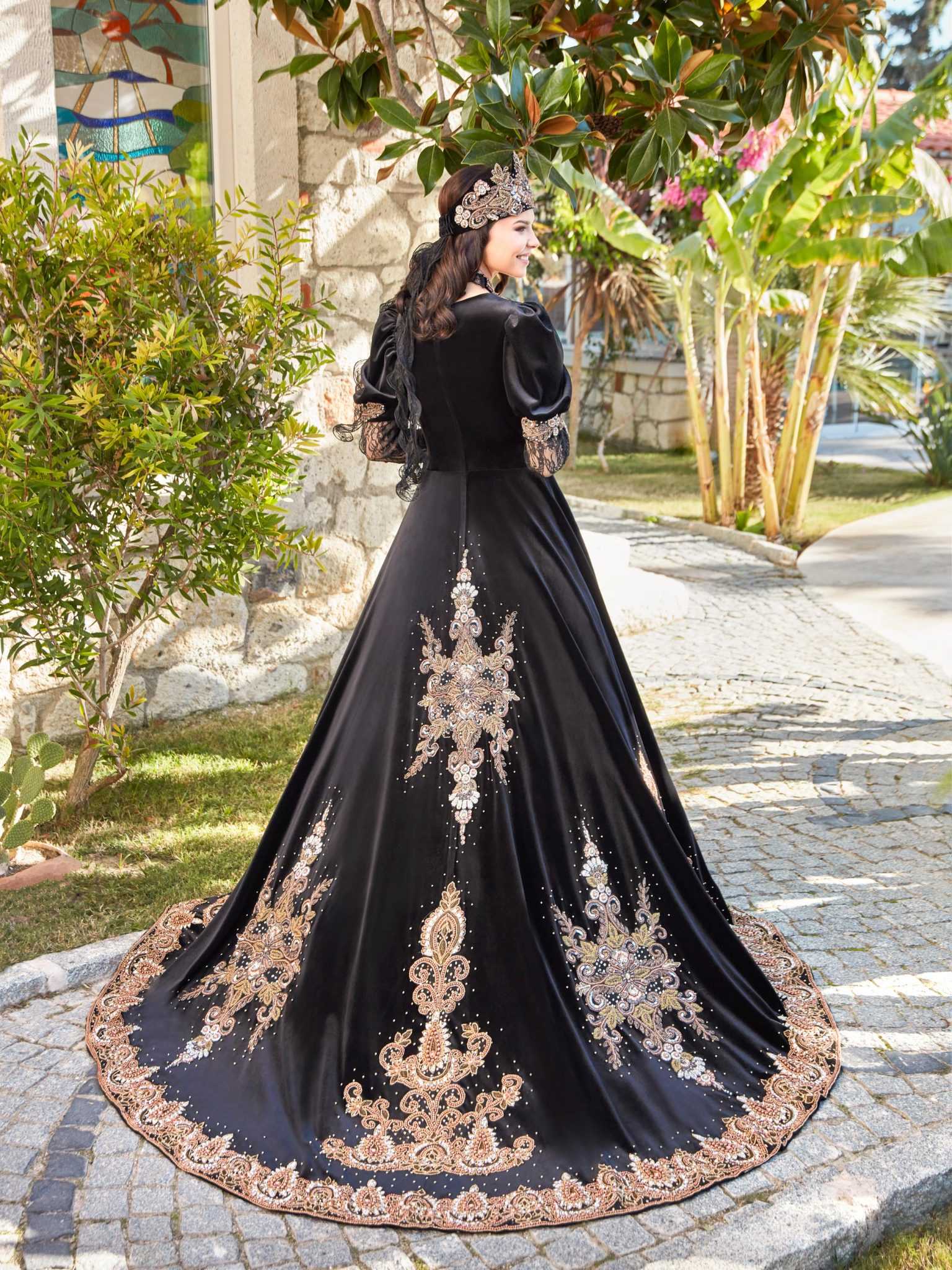 buy Black Long Juliet Sleeves Maxi Gold Lace Embellished With Sequin Work Henna Gown Dress 