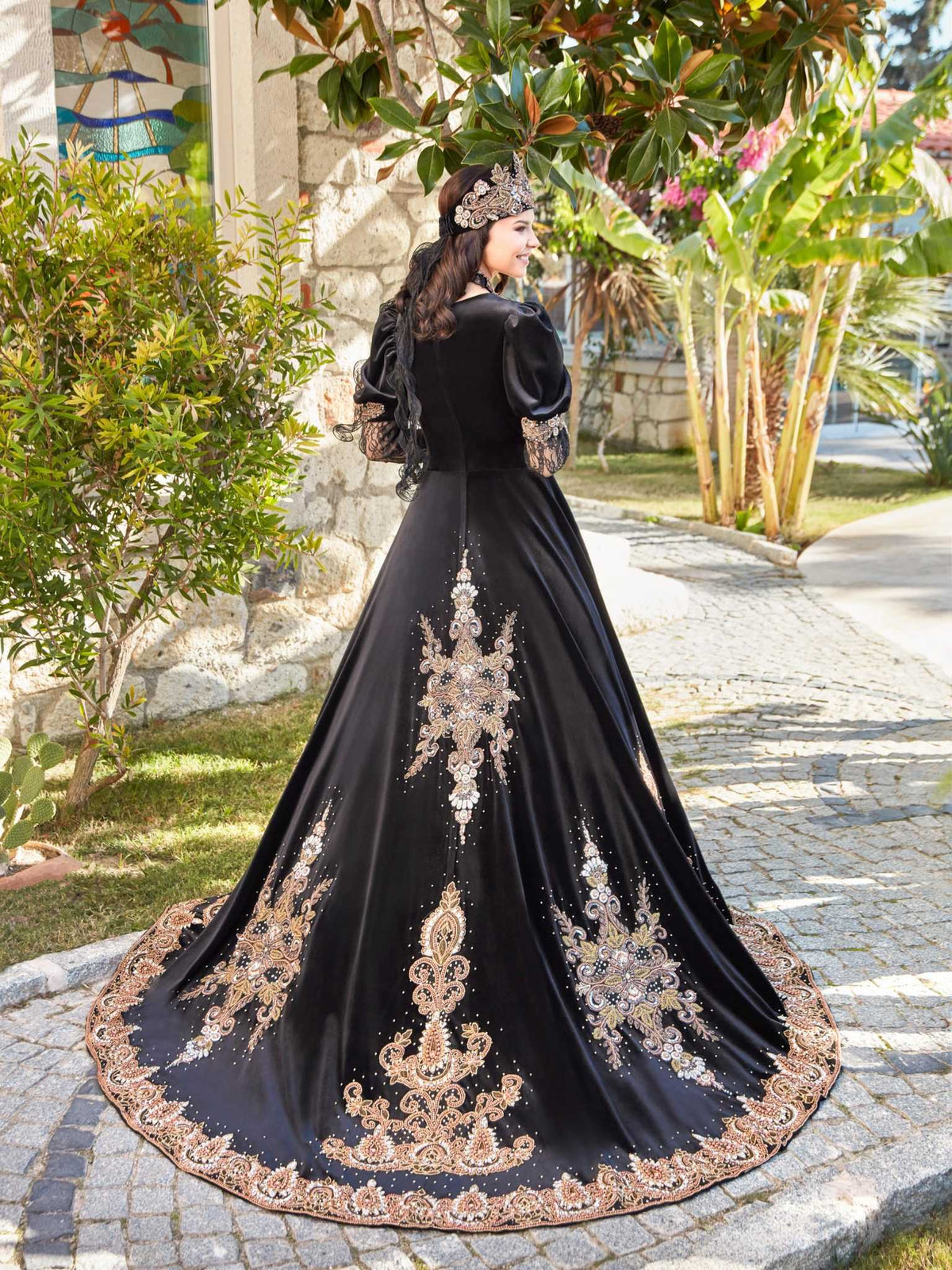 buy Blackvelvet Long Juliet Sleeves Maxi Gold Lace applique Embellished With Sequin Work Henna Gown Dress 