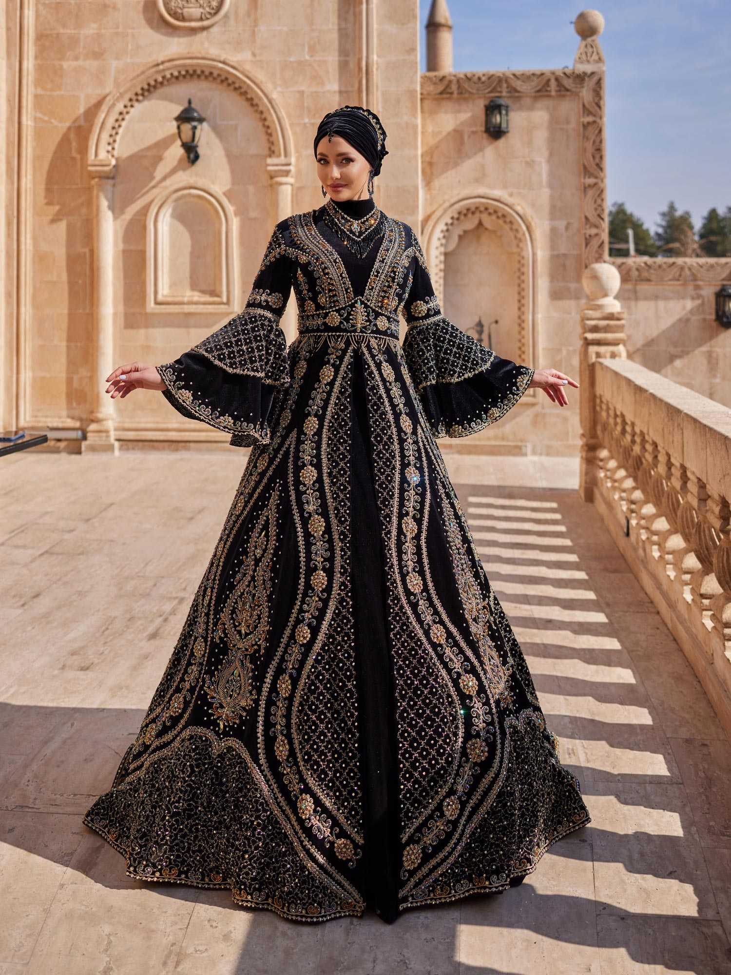buy gold beaded frill sleeve velvet Chic Muslim henna dress gown online kaftan website
