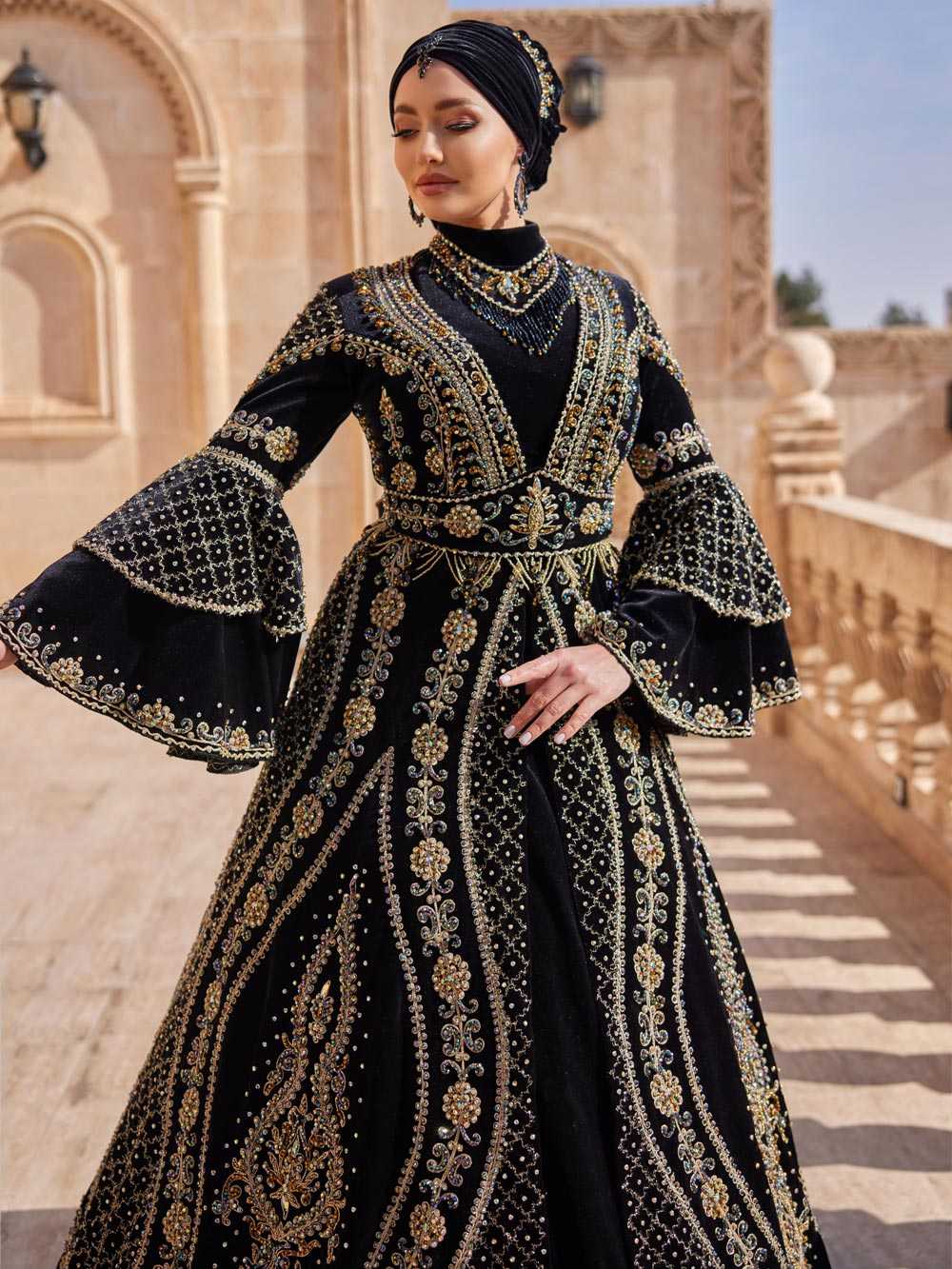 Best floral embroidered gold  sequin turtle neck muslimah henna formal dress plus sizes online kaftan store
