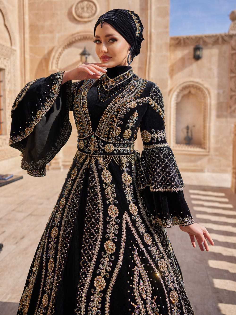 buy black velvet frill sleeve henna kaftan gown with accessories online henna store