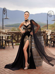 buy Black Velvet Open Slit Butterfly Design Embellished Sweetheart Neckline Long Formal Evening Dress online turkish dresses