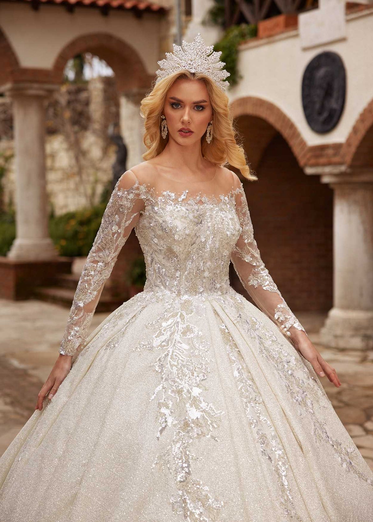 buy Illusion Strapless Lace Wedding Dress With Long Sleeves Princess Ball Gown