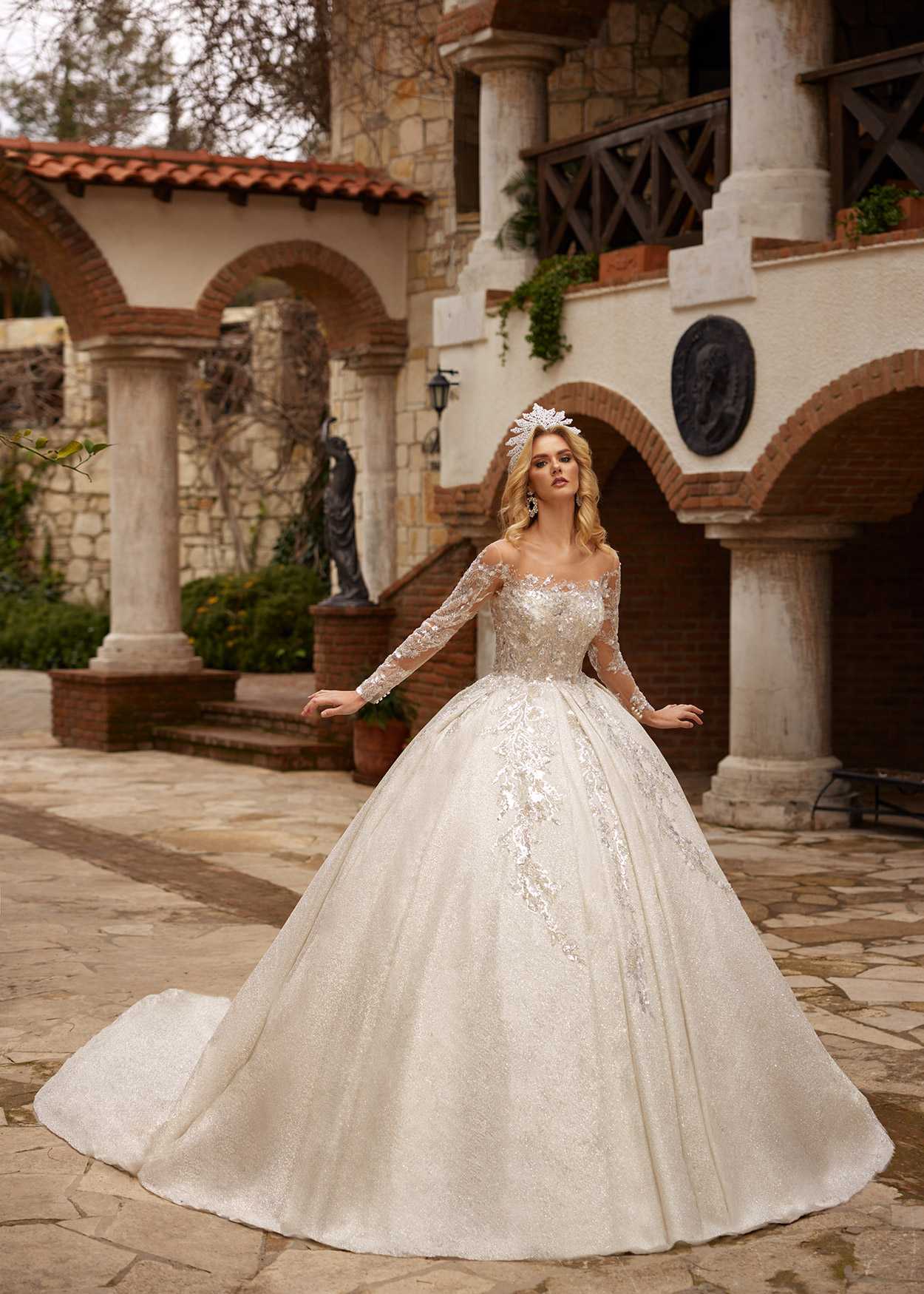 buy Illusion Neckline Sequined Embellished Lace Ball Gown Wedding Dress with Illusion Sleeves